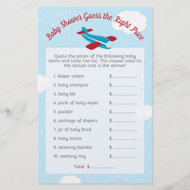Aeroplane Baby Shower Guess Right Price (Front)