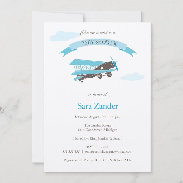 Aeroplane  Baby Shower Invitation - Blue and Brown (Front)