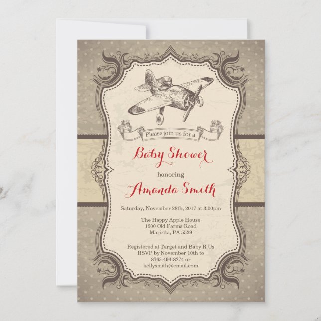 Aeroplane Baby Shower Invitation Vintage Retro (Front)