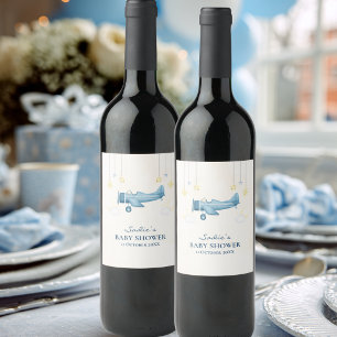 Aeroplane Baby Shower Whimsical Boy Baby Thank You Wine Label