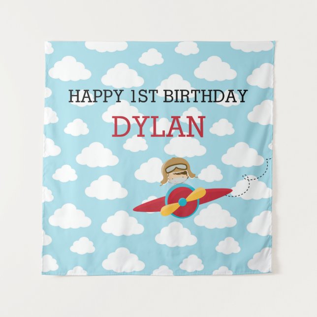 Aeroplane Backdrop Boy Birthday Banner Pilot Cloud Tapestry (Front)