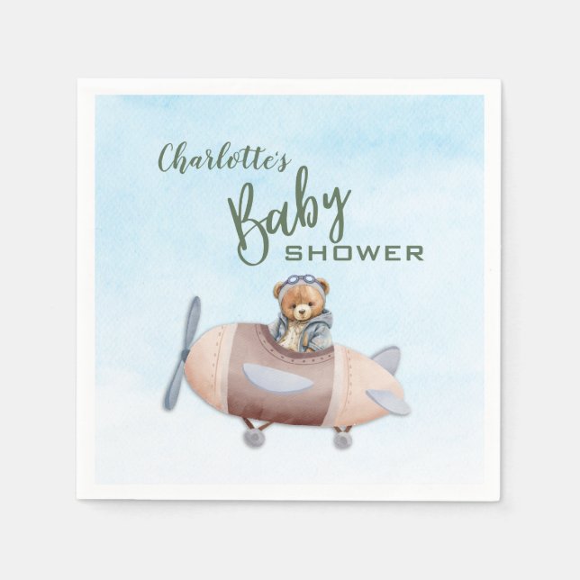 Aeroplane Bear Pilot Baby Shower Paper Napkin (Front)