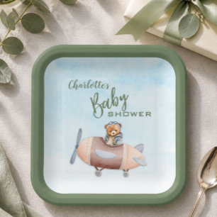 Aeroplane Bear Pilot Baby Shower Paper Plate