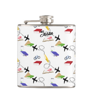 Aeroplane Bicycle Book Red Yellow Blue White Hip Flask