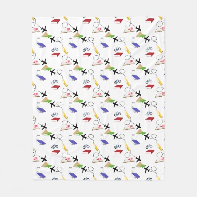 Aeroplane, Bicycle, Books, Red, Yellow, Blue Trave Fleece Blanket (Front)