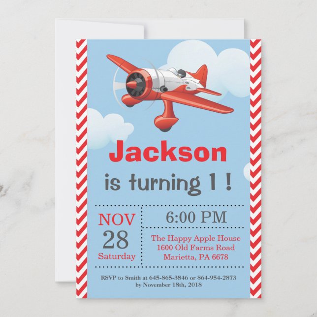 Aeroplane Birthday Invitation. Boy Birthday Party Invitation (Front)