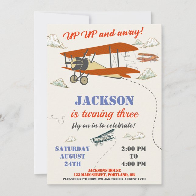 Aeroplane birthday invitation Pilot party invite (Front)