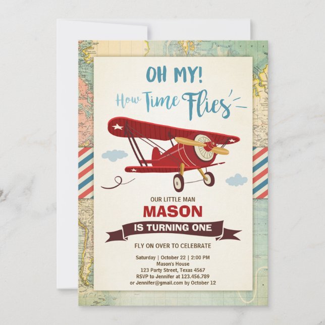 Aeroplane Birthday Invitation Time flies Plane Boy (Front)