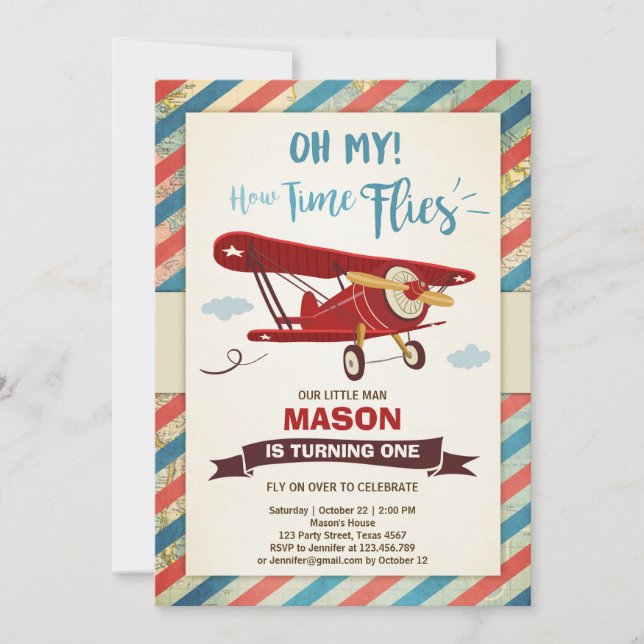 Aeroplane Birthday Invitation Time flies Plane Boy (Front)