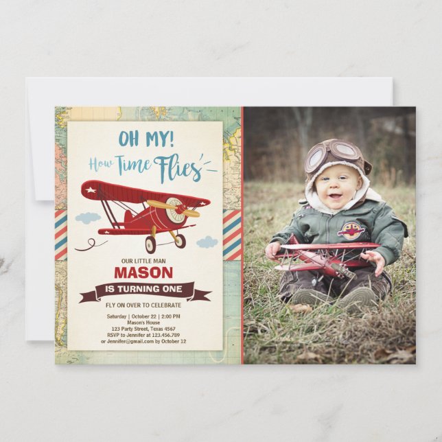 Aeroplane Birthday Invitation Time flies Plane Boy (Front)