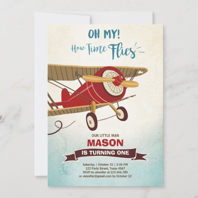 Aeroplane Birthday Invitation Time flies Plane Boy (Front)