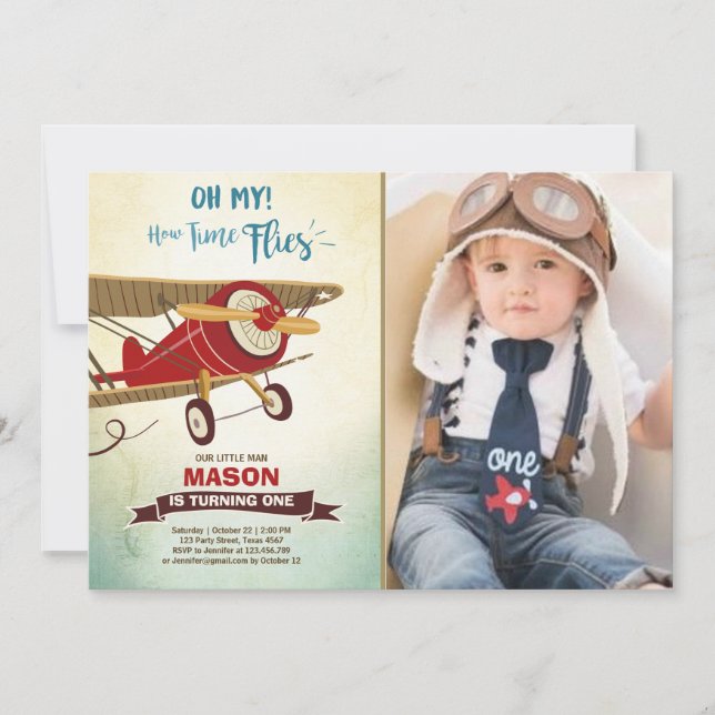 Aeroplane Birthday Invitation Time flies Plane Boy (Front)