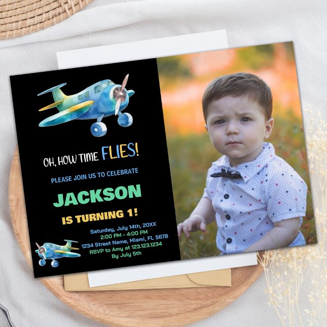 Aeroplane Birthday Invitations Black Blue w Photo (Airplane Birthday Invitations Black Blue w Photo)