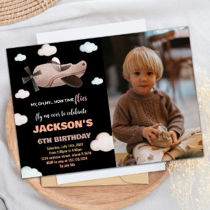 Aeroplane Birthday Invitations Black Brown w Photo