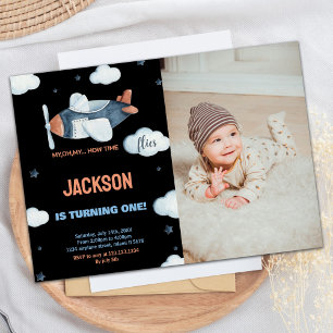 Aeroplane Birthday Invitations Black Brown W Photo