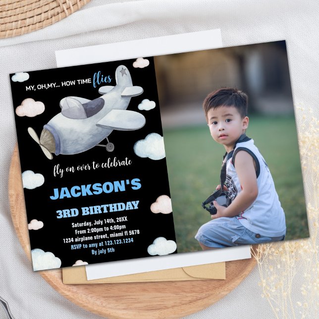 Aeroplane Birthday Invitations Black Grey w Photo (Airplane Birthday Invitations Black Gray w Photo)