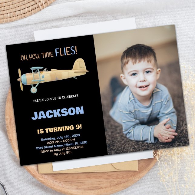 Aeroplane Birthday Invitations Black with photo (Airplane Birthday Invitations Black with photo)