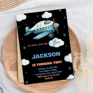 Aeroplane Birthday Invitations Blue Black BK