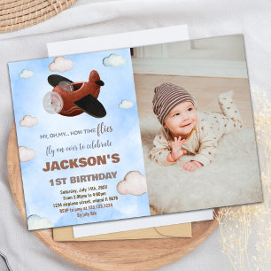 Aeroplane Birthday Invitations Blue Brown W Photo