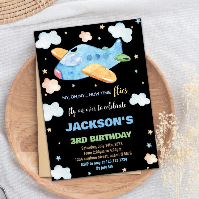 Aeroplane Birthday Invitations Blue Orange Black B (Airplane Birthday Invitations Blue Orange Black BK)