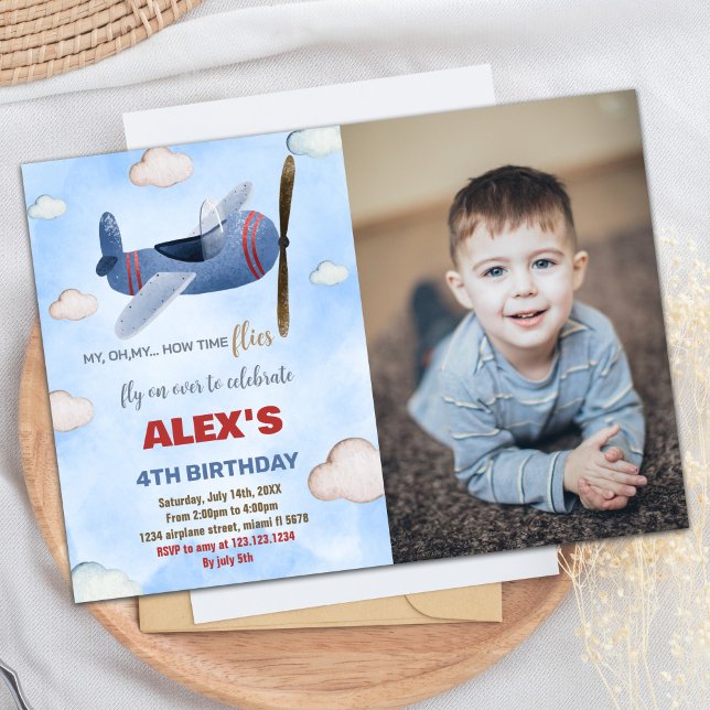 Aeroplane Birthday Invitations Blue Red With photo (Airplane Birthday Invitations Blue Red With photo)