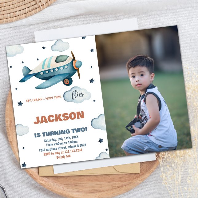 Aeroplane Birthday Invitations Blue With Photo (Airplane Birthday Invitations Blue With Photo)