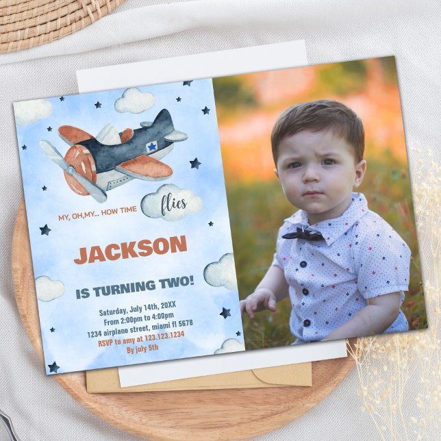 Aeroplane Birthday Invitations Blue With Photo (Airplane Birthday Invitations Blue With Photo)