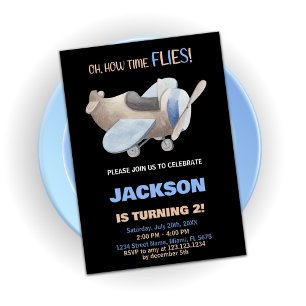 Aeroplane Birthday Invitations Brown Grey Black