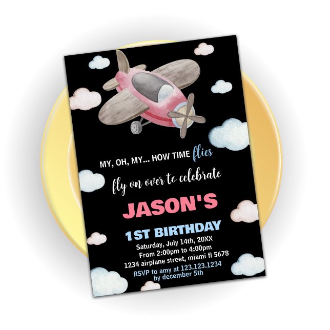 Aeroplane Birthday Invitations Brown Red Black (Airplane Birthday Invitations Brown Red Black)