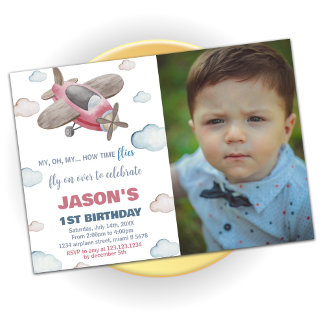 Aeroplane Birthday Invitations Brown Red with phot