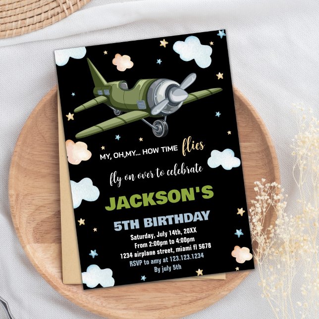 Aeroplane Birthday Invitations Green Black BK (Airplane Birthday Invitations Green Black BK)