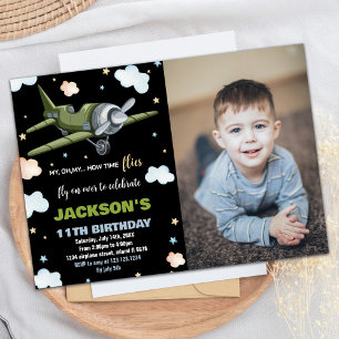 Aeroplane Birthday Invitations Green Black w Photo