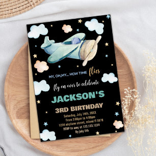 Aeroplane Birthday Invitations Green Brown Black B
