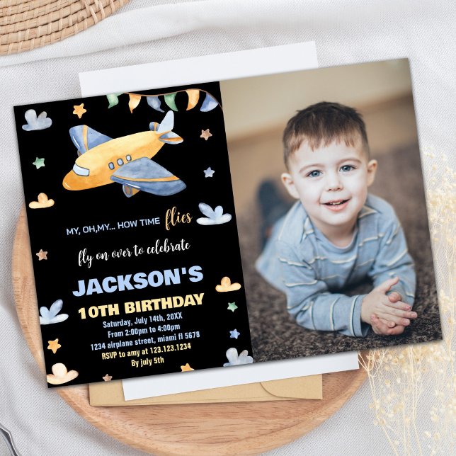 Aeroplane Birthday Invitations Grey Black W Photo (Airplane Birthday Invitations Gray Black W Photo)