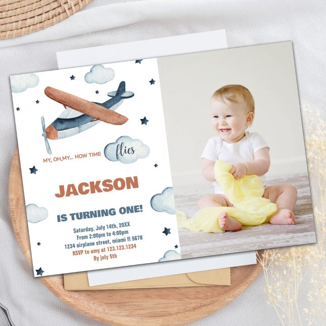 Aeroplane Birthday Invitations Grey Orange w photo (Airplane Birthday Invitations Gray Orange w photo)