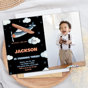 Aeroplane Birthday Invitations Grey Orange w Photo