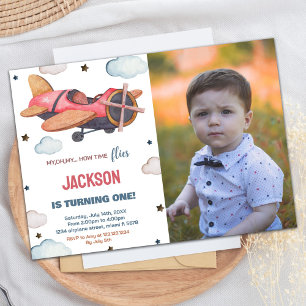 Aeroplane Birthday Invitations Red Brown with phot