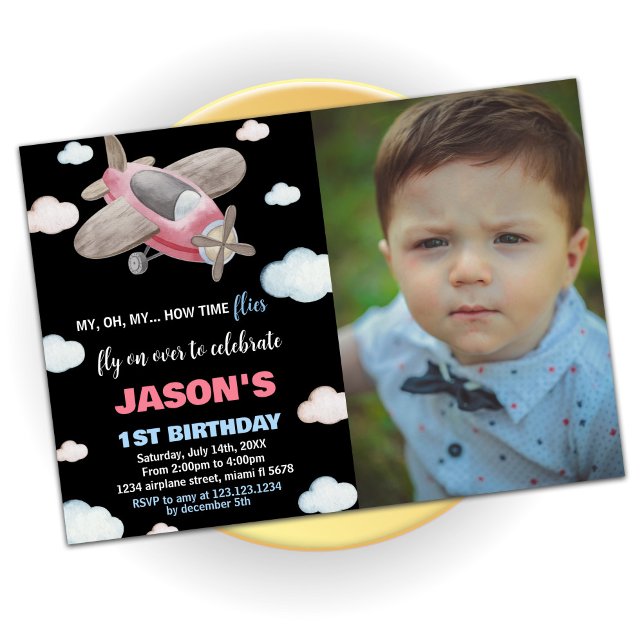 Aeroplane Birthday Invitations Red with photo (Airplane Birthday Invitations Red with photo)