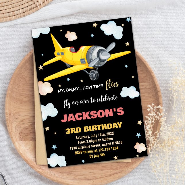 Aeroplane Birthday Invitations Yellow Black BK (Airplane Birthday Invitations Yellow Black BK)