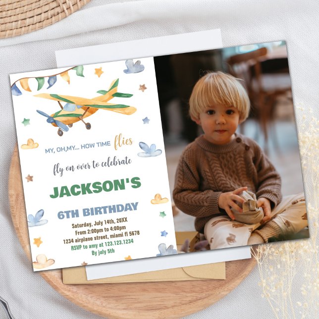 Aeroplane Birthday Invitations Yellow Green W Phot (Airplane Birthday Invitations Yellow Green W Photo)