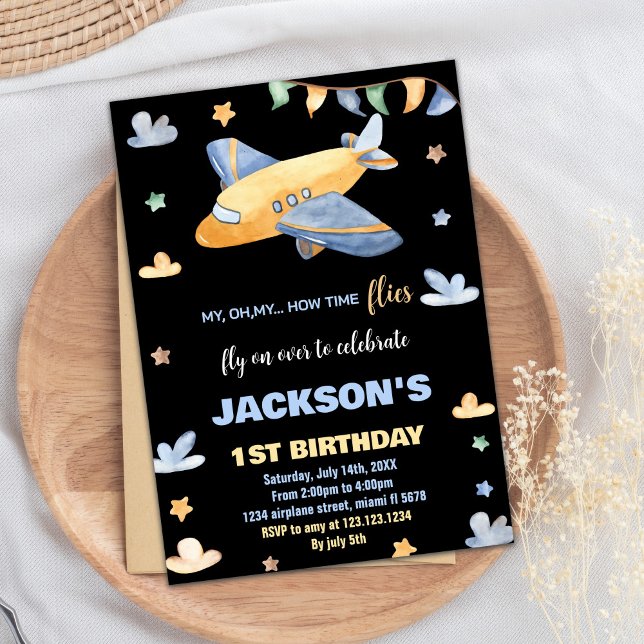 Aeroplane Birthday Invitations Yellow Grey Black B (Airplane Birthday Invitations Yellow Gray Black BK)