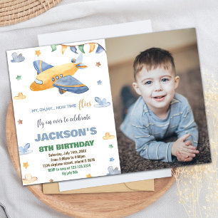 Aeroplane Birthday Invitations Yellow Grey W Photo