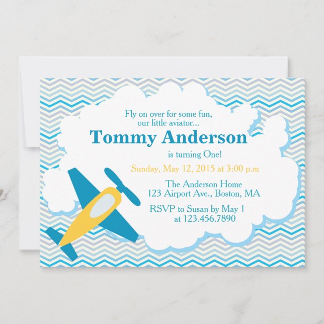 Aeroplane Birthday Party Invitation Chevron (Front)