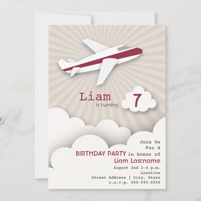 Aeroplane Birthday Party Invitation - Red (Front)