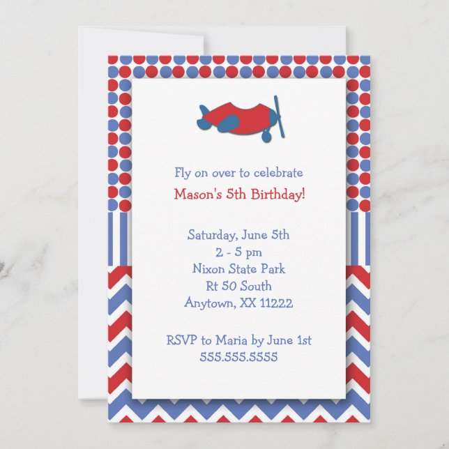 Aeroplane Birthday Party invite / red white blue (Front)