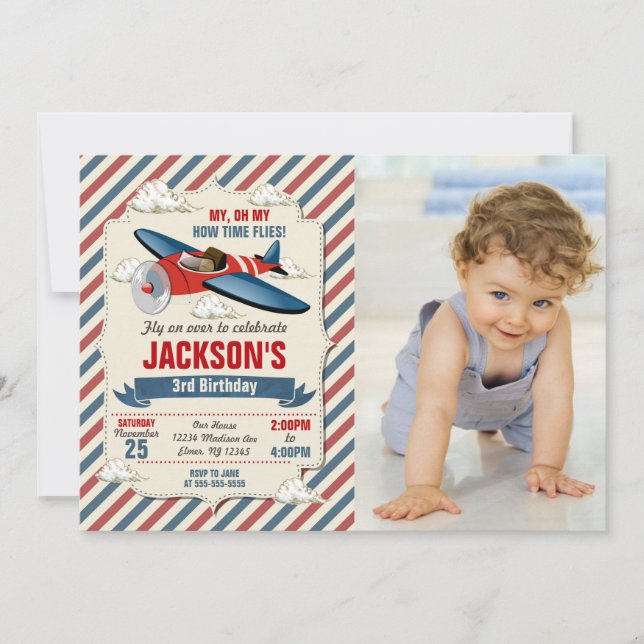 Aeroplane Birthday Photo Invitation | Time Flies (Front)