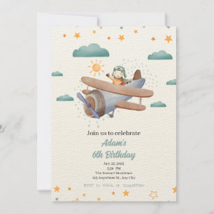 Aeroplane Blue and Green Watercolor  birthday Invi Invitation