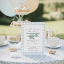 Aeroplane Blue Gingham Baby Shower Invitation