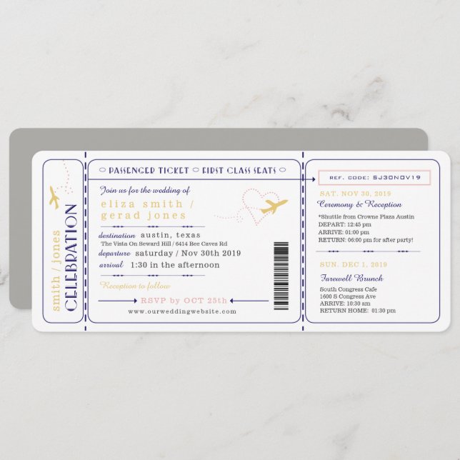 Aeroplane Boarding Pass Ticket Wedding Invitation (Front/Back)