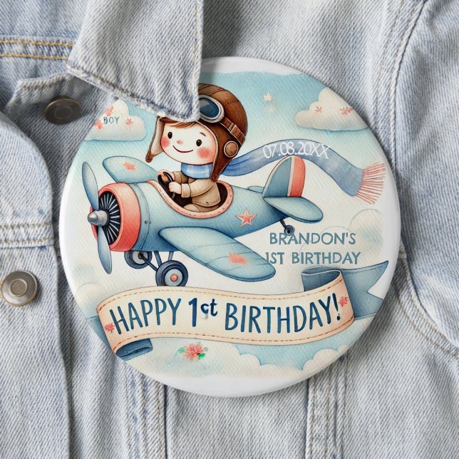 Aeroplane Boy 1st Birthday Party  6 Cm Round Badge (In Situ)